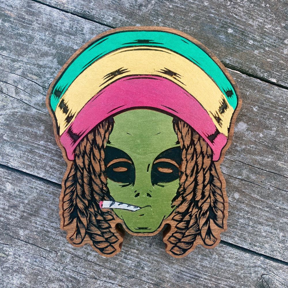 Rasta Alien - Precision Carved Solid Cherry Canna 420 Reggae Art Sign - Made in USA
