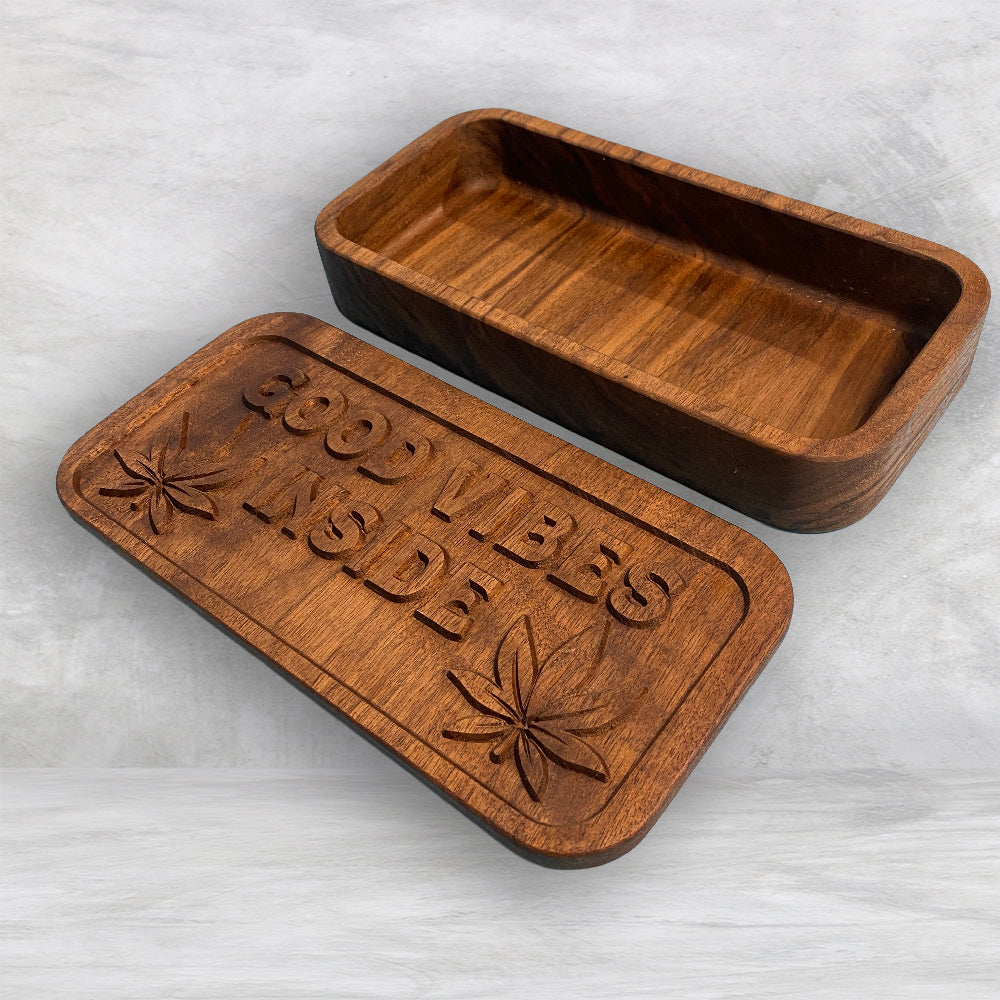 Medium Wood Box with "Good Vibes Inside" Carved Lid - Precision Carved Solid Cherry Wood Box - Made in USA