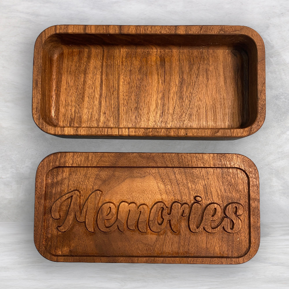Medium Wood Box with "Memories" Carved Lid - Precision Carved Solid Cherry Wood Box - Made in USA