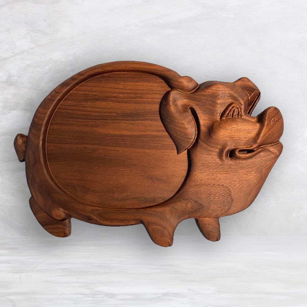 3D Pig Wood Serving Tray - Precision Carved Solid Premium Walnut Tray - Made in USA