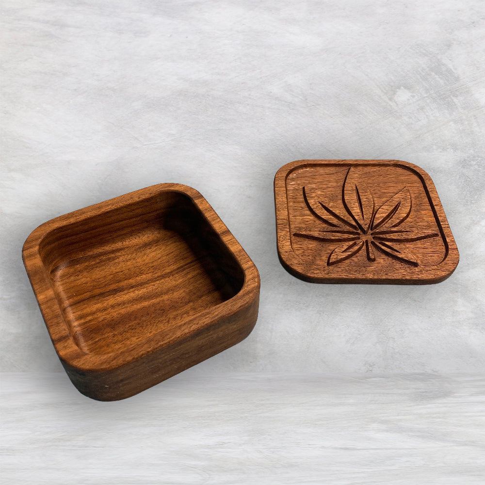 Small Wood Box with Pot Leaf Carved Lid - Precision Carved Solid Cherry Wood Box - Made in USA