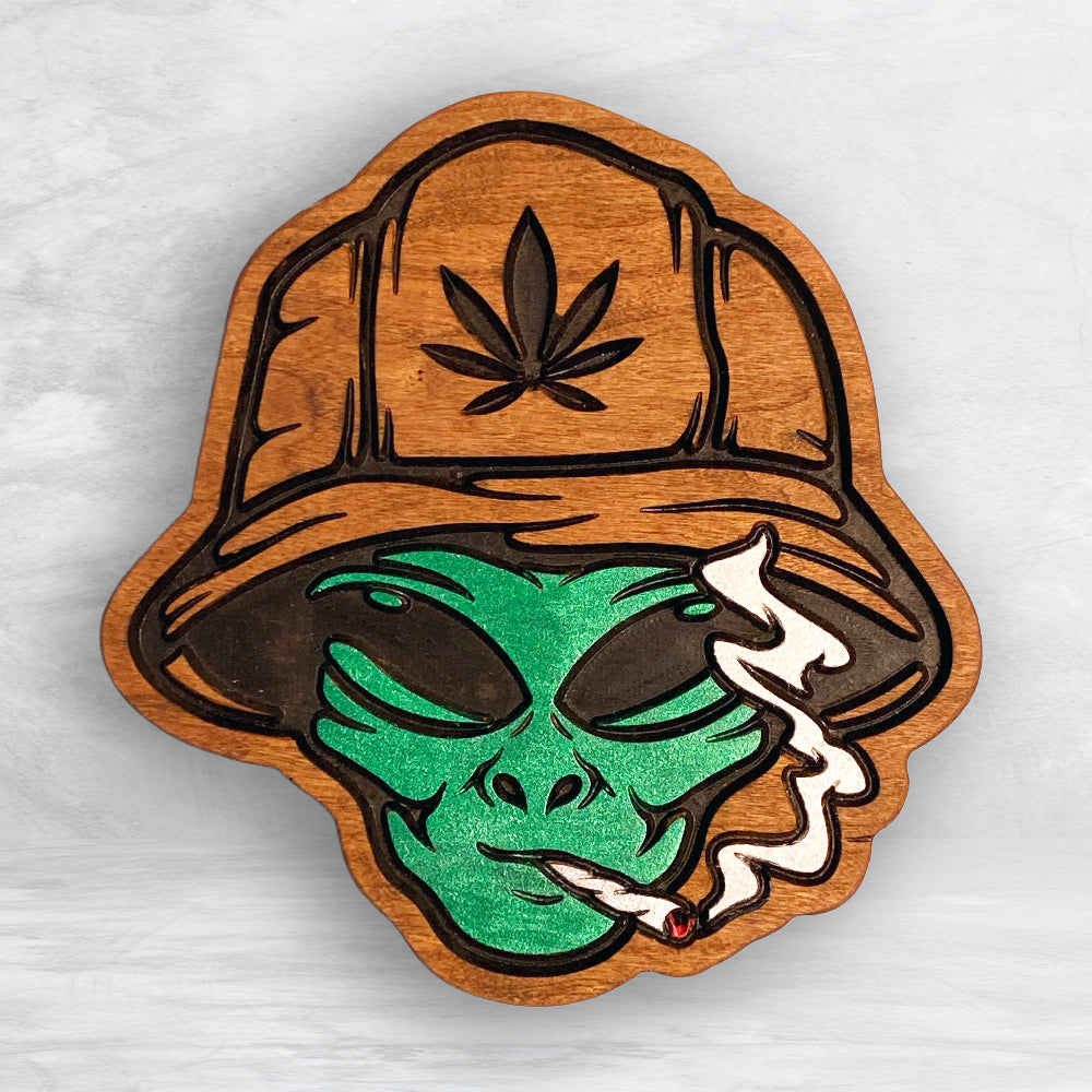 420 Smoking Beach Alien - Precision Carved Solid Cherry Canna 420 Art - Made in USA