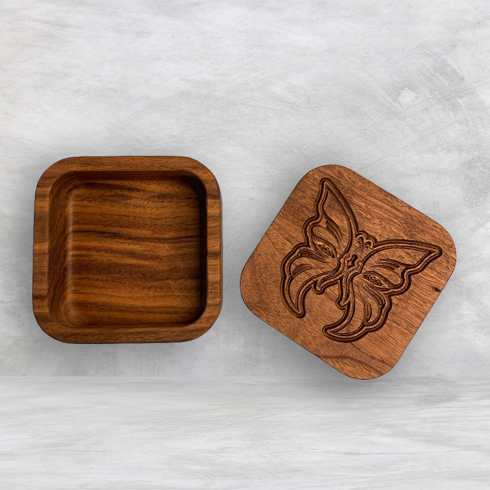 Small Wood Box with Butterfly Carved Lid - Precision Carved Solid Cherry Wood Box - Made in USA