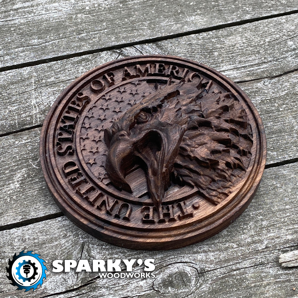 3D Carved Wood Eagle Over USA Flag