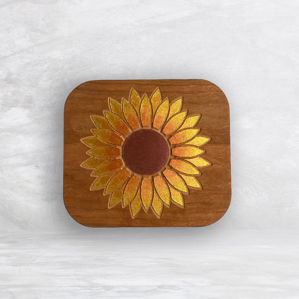 Solid Cherry Wood Box with Lid - Natural Stain & Hand Painted - Sunflower - Made in USA