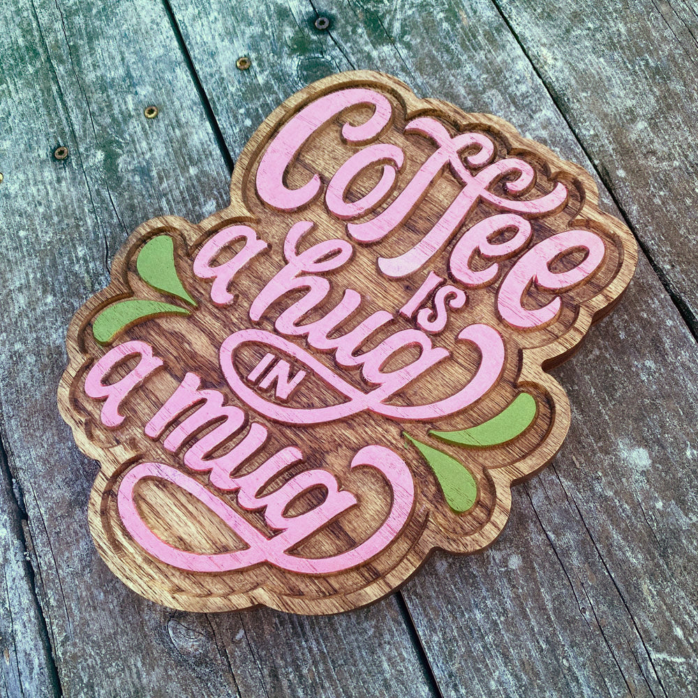 Hand stained, precision carved wood sign with playful lettering and colorful accents, handcrafted in USA for unique home decor and gift accessories.