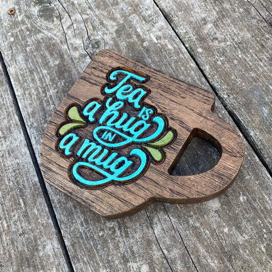 Tea is a Hug in a Mug - Precision Carved Hand-Painted Solid Cherry Sign Art - Small Mug - Made in USA