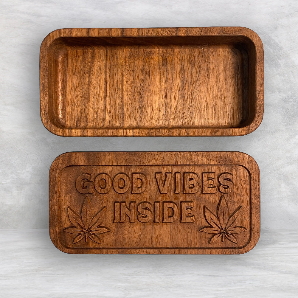 Medium Wood Box with "Good Vibes Inside" Carved Lid - Precision Carved Solid Cherry Wood Box - Made in USA