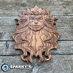 Hand finished and stained cherry wood art featuring precision carved Santa Muerte with floral crown, handcrafted in USA for unique spiritual decor and gifts.