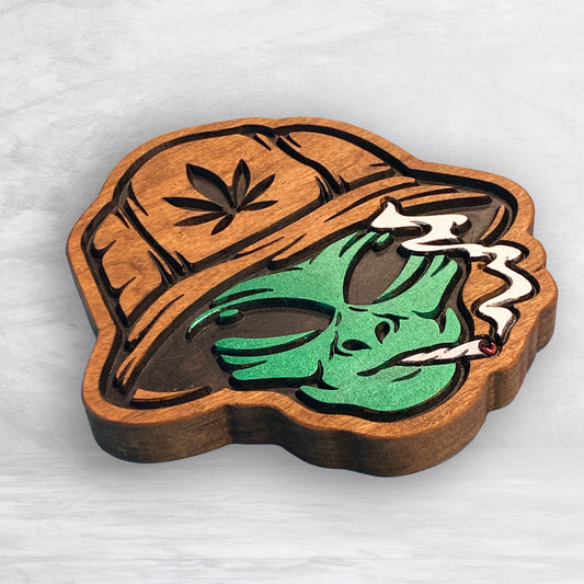 420 Smoking Beach Alien - Precision Carved Solid Cherry Canna 420 Art - Made in USA