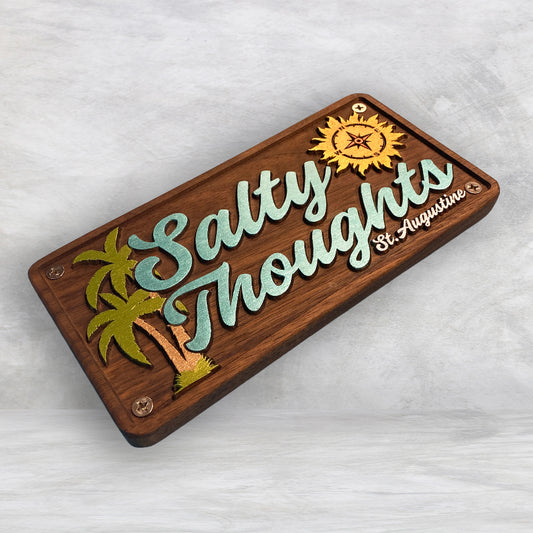 Salty Thoughts - Personalized Precision Carved Solid Cherry Novelty License Plate - Made in USA