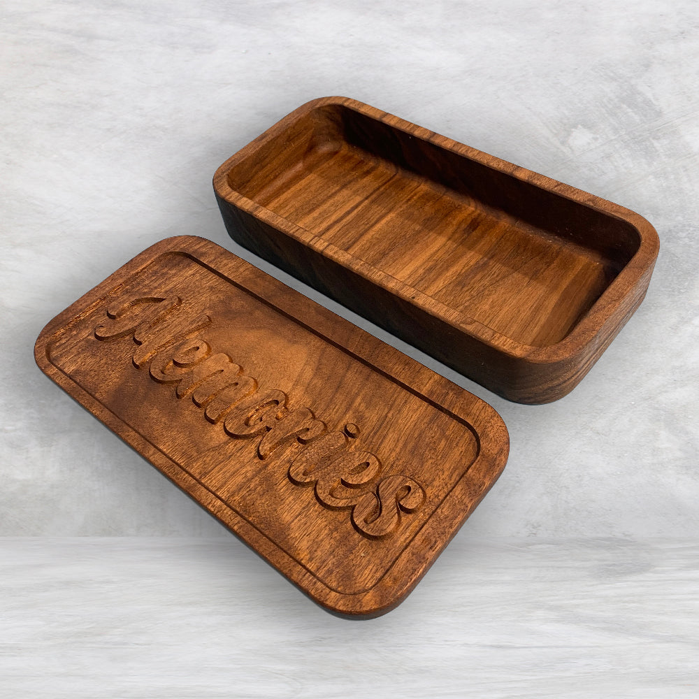 Medium Wood Box with "Memories" Carved Lid - Precision Carved Solid Cherry Wood Box - Made in USA
