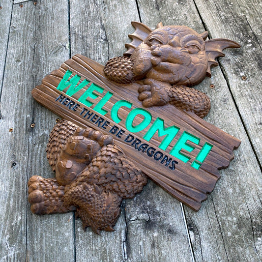 3D Carved Baby Dragon Welcome Sign - Solid Premium Walnut - Made in USA