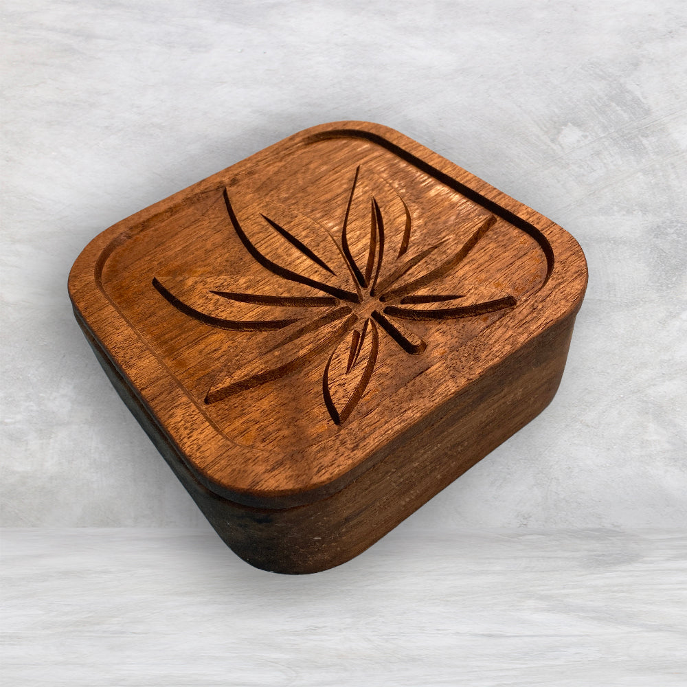 Small Wood Box with Pot Leaf Carved Lid - Precision Carved Solid Cherry Wood Box - Made in USA