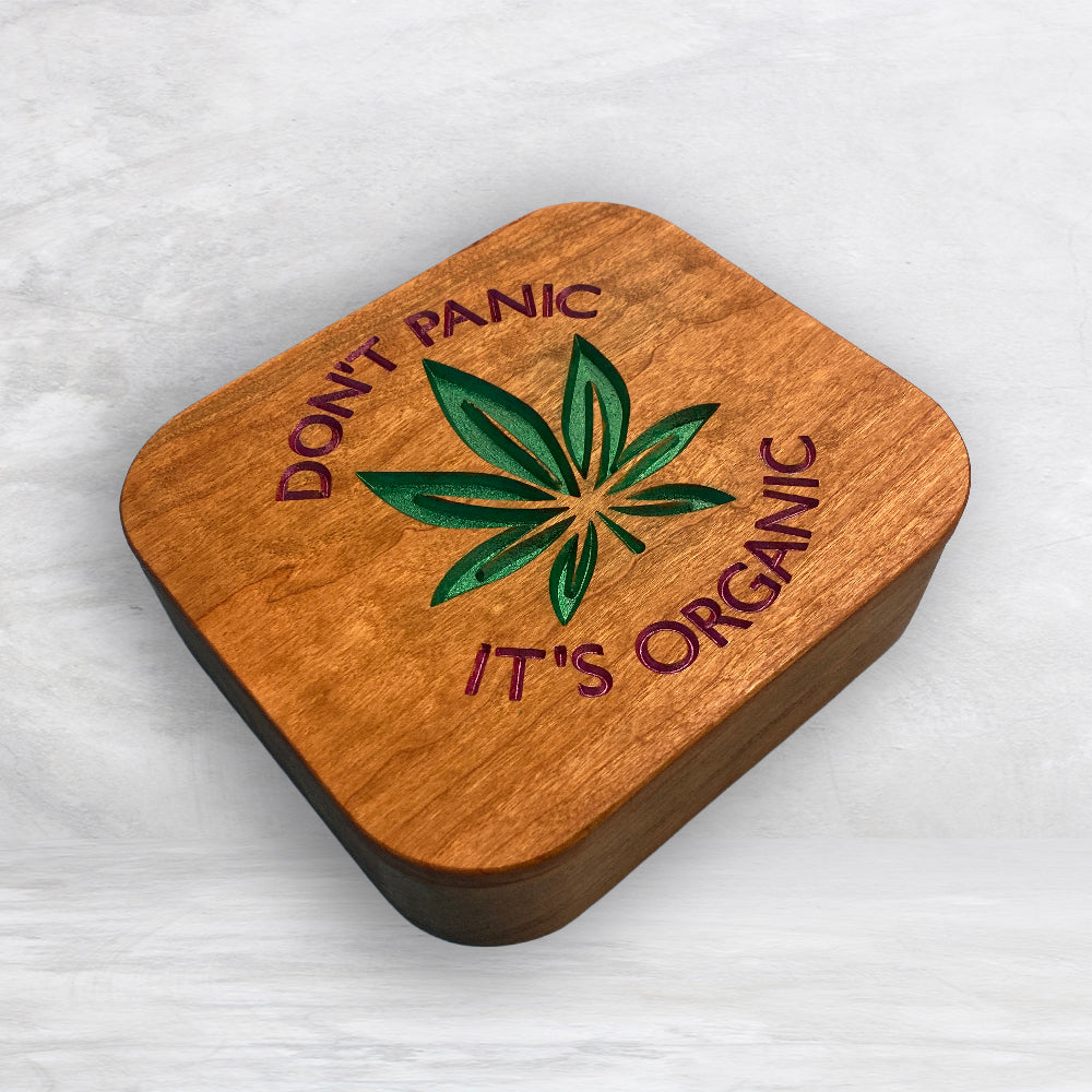 Solid Cherry Wood Box with Lid - Natural Stain & Hand Painted - Don't Panic It's Organic - Made in USA