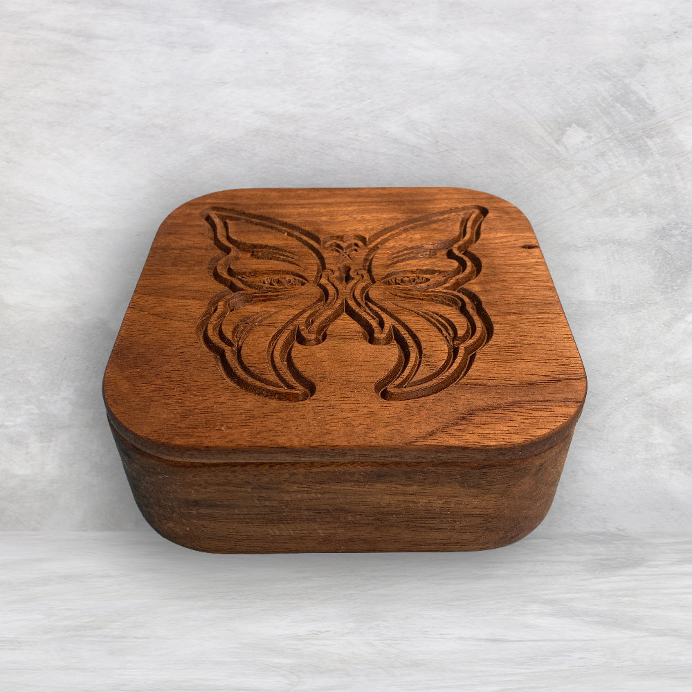 Small Wood Box with Butterfly Carved Lid - Precision Carved Solid Cherry Wood Box - Made in USA