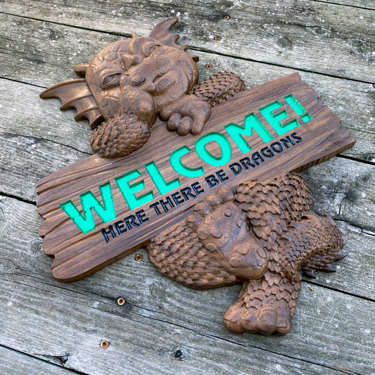 3D Carved Baby Dragon Welcome Sign - Solid Premium Walnut - Made in USA