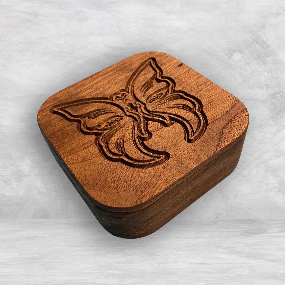 Small Wood Box with Butterfly Carved Lid - Precision Carved Solid Cherry Wood Box - Made in USA