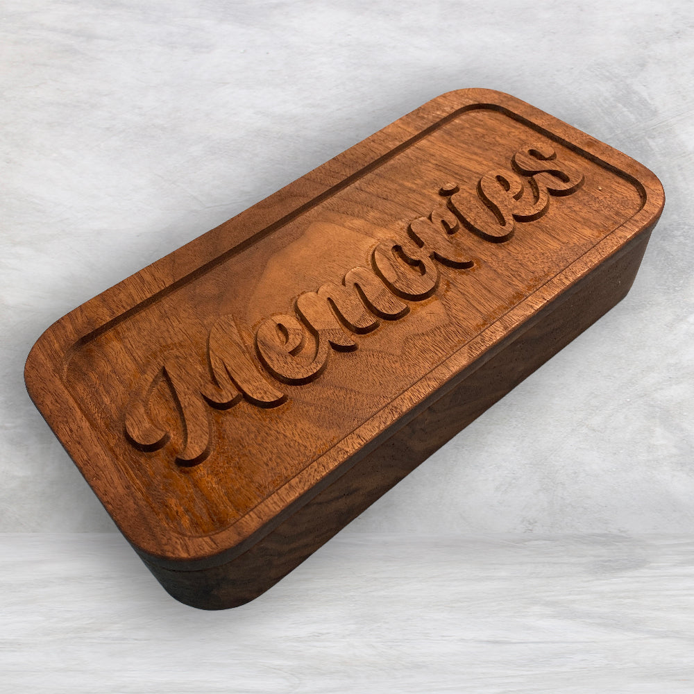 Medium Wood Box with "Memories" Carved Lid - Precision Carved Solid Cherry Wood Box - Made in USA