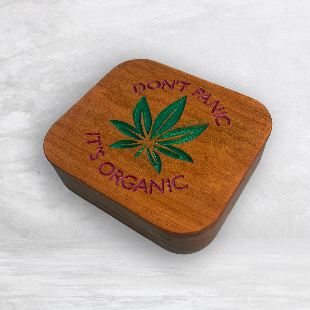 Solid Cherry Wood Box with Lid - Natural Stain & Hand Painted - Don't Panic It's Organic - Made in USA