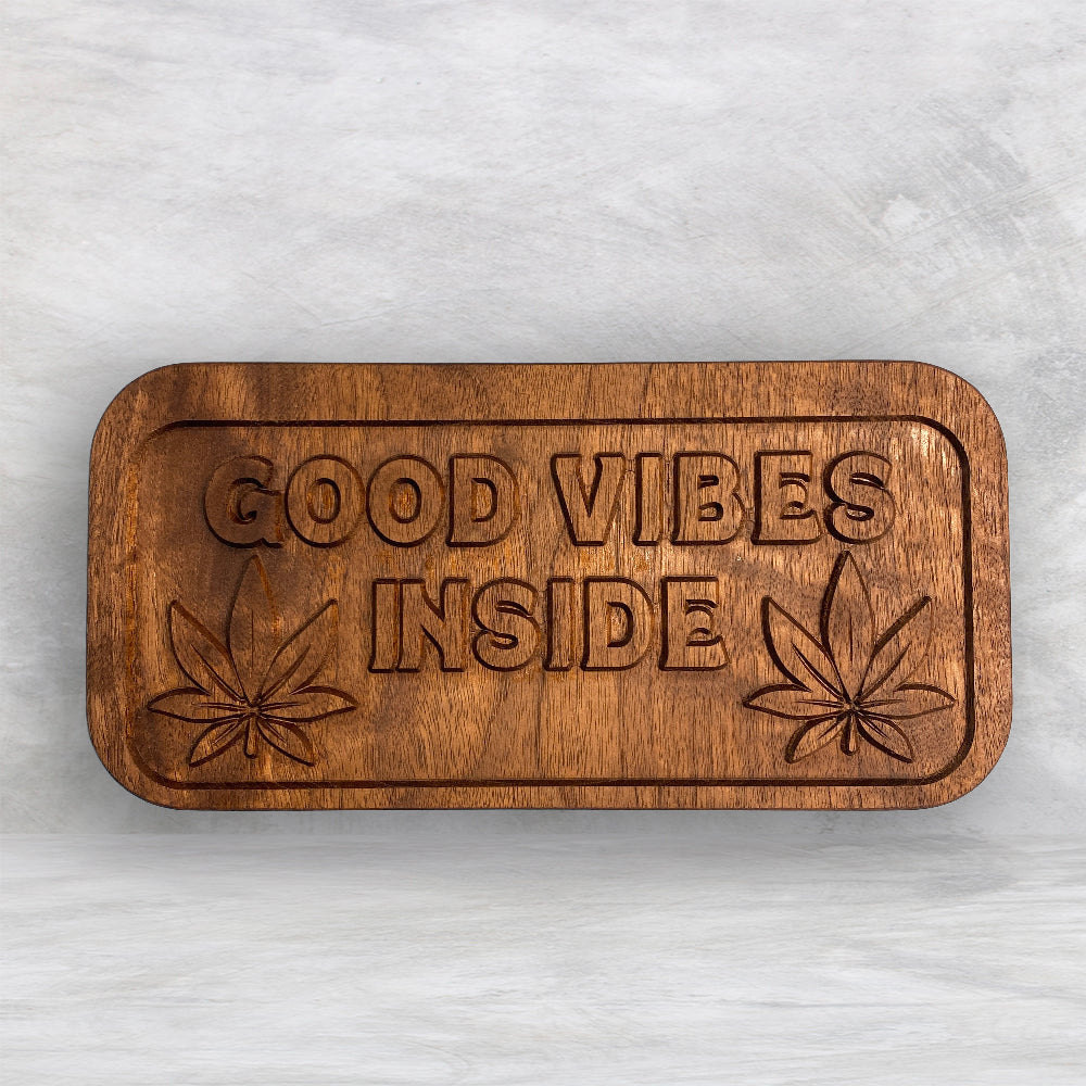 Medium Wood Box with "Good Vibes Inside" Carved Lid - Precision Carved Solid Cherry Wood Box - Made in USA