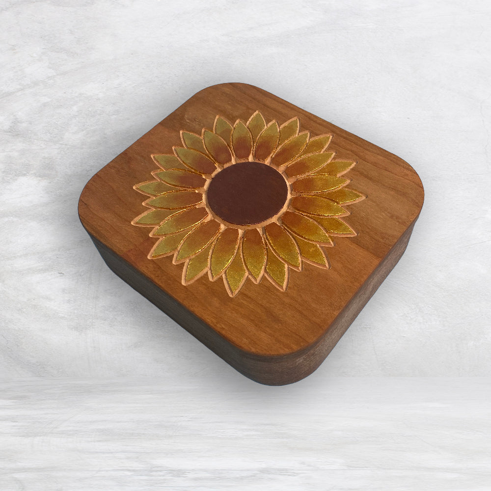 Solid Cherry Wood Box with Lid - Natural Stain & Hand Painted - Sunflower - Made in USA