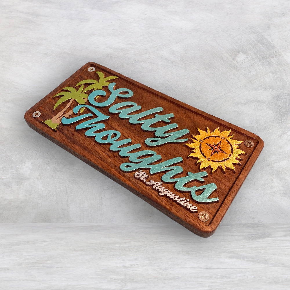 Salty Thoughts - Personalized Precision Carved Solid Cherry Novelty License Plate - Made in USA
