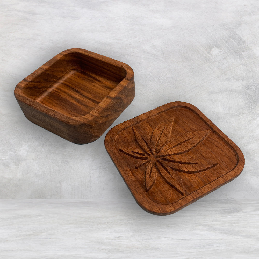 Small Wood Box with Pot Leaf Carved Lid - Precision Carved Solid Cherry Wood Box - Made in USA