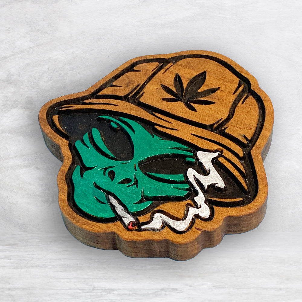 420 Smoking Beach Alien - Precision Carved Solid Cherry Canna 420 Art - Made in USA