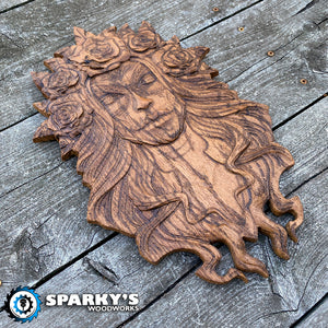 Hand stained and hand painted wood art featuring a detailed floral crown and flowing hair design, made in USA with high attention to detail.