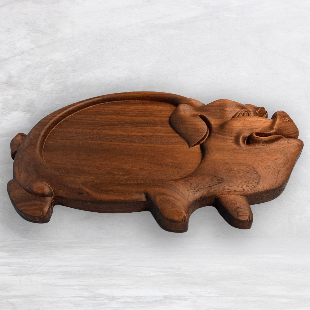 3D Pig Wood Serving Tray - Precision Carved Solid Premium Walnut Tray - Made in USA
