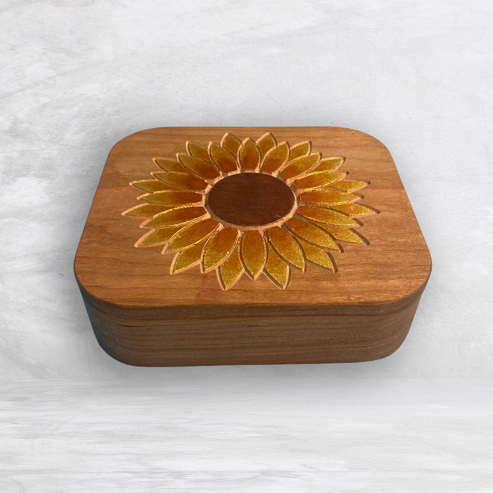 Solid Cherry Wood Box with Lid - Natural Stain & Hand Painted - Sunflower - Made in USA