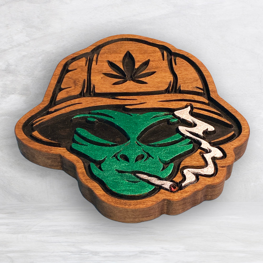 420 Smoking Beach Alien - Precision Carved Solid Cherry Canna 420 Art - Made in USA