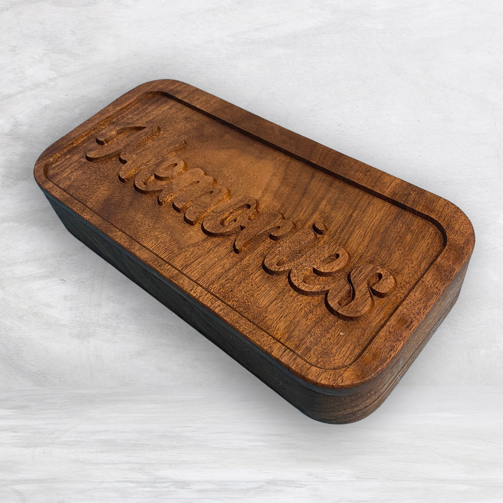 Medium Wood Box with "Memories" Carved Lid - Precision Carved Solid Cherry Wood Box - Made in USA