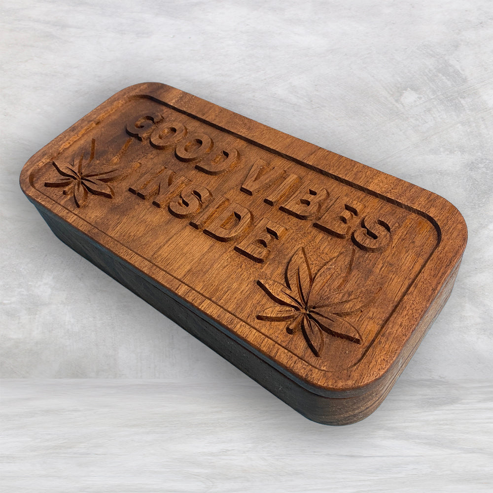 Medium Wood Box with "Good Vibes Inside" Carved Lid - Precision Carved Solid Cherry Wood Box - Made in USA