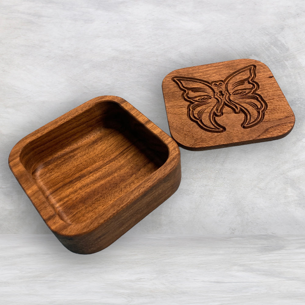 Small Wood Box with Butterfly Carved Lid - Precision Carved Solid Cherry Wood Box - Made in USA