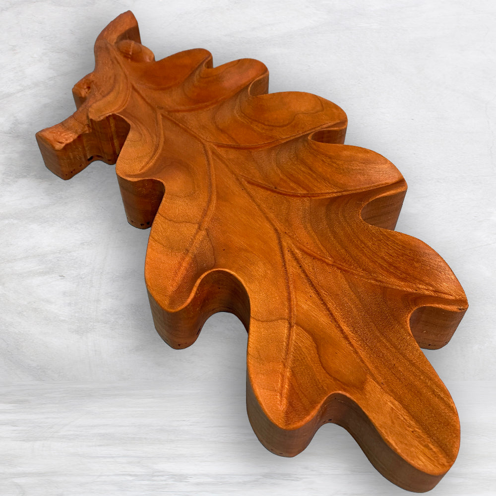 3D Oak Leaf Serving Tray - Precision Carved Solid Cherry Tray - Made in USA
