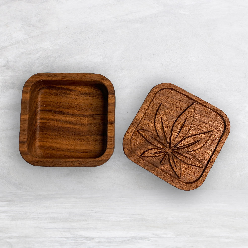 Small Wood Box with Pot Leaf Carved Lid - Precision Carved Solid Cherry Wood Box - Made in USA
