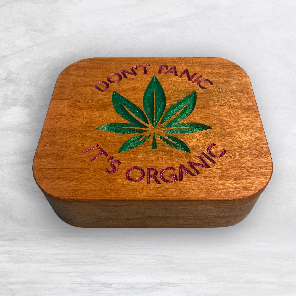 Solid Cherry Wood Box with Lid - Natural Stain & Hand Painted - Don't Panic It's Organic - Made in USA