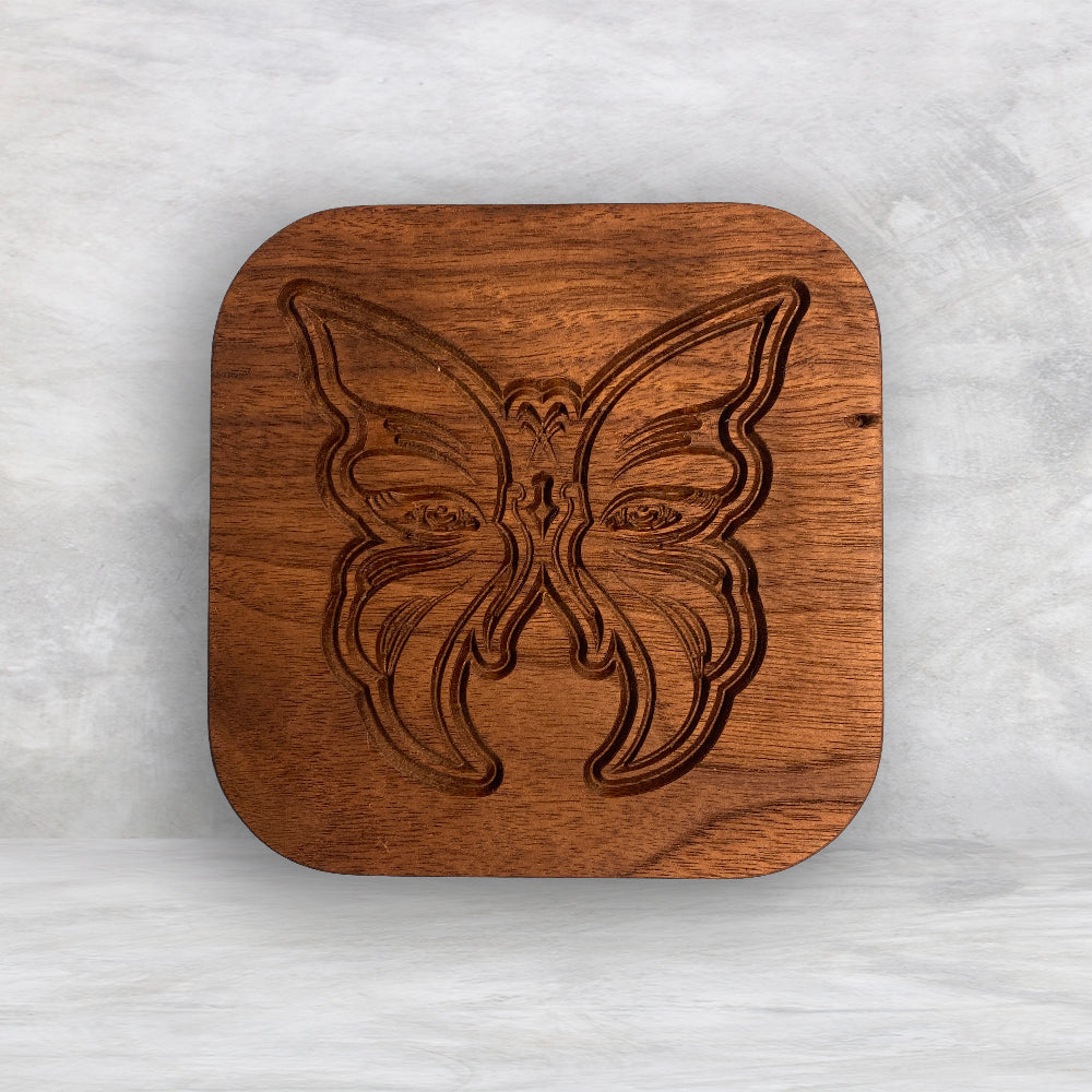 Small Wood Box with Butterfly Carved Lid - Precision Carved Solid Cherry Wood Box - Made in USA