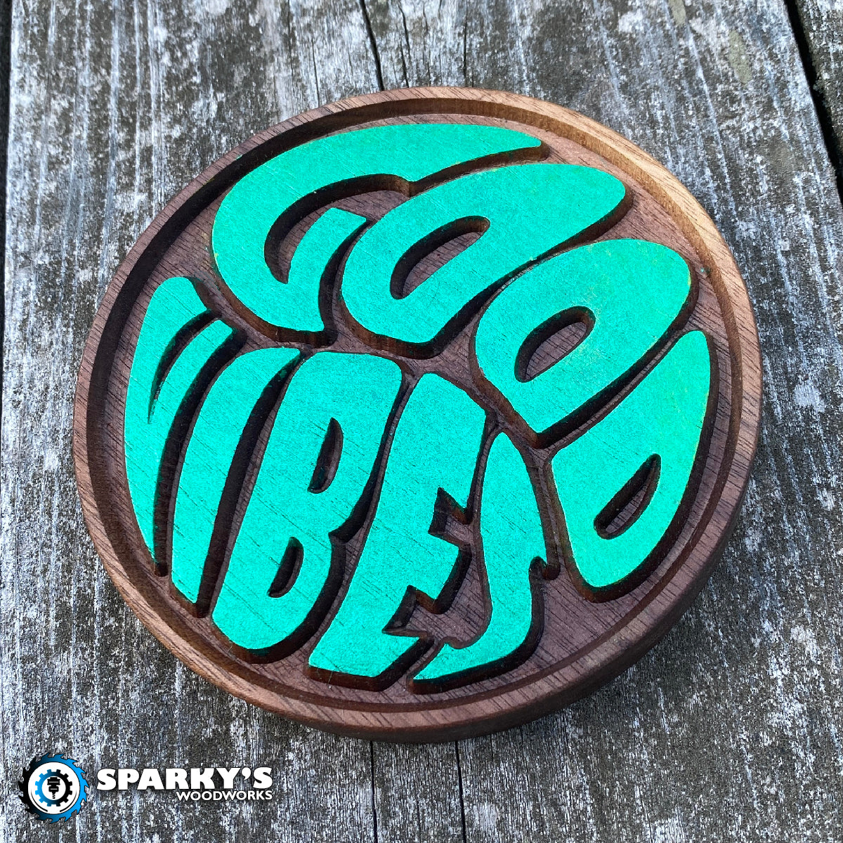 Good Vibes Wood Sign - Size Small Round - Walnut - Painted