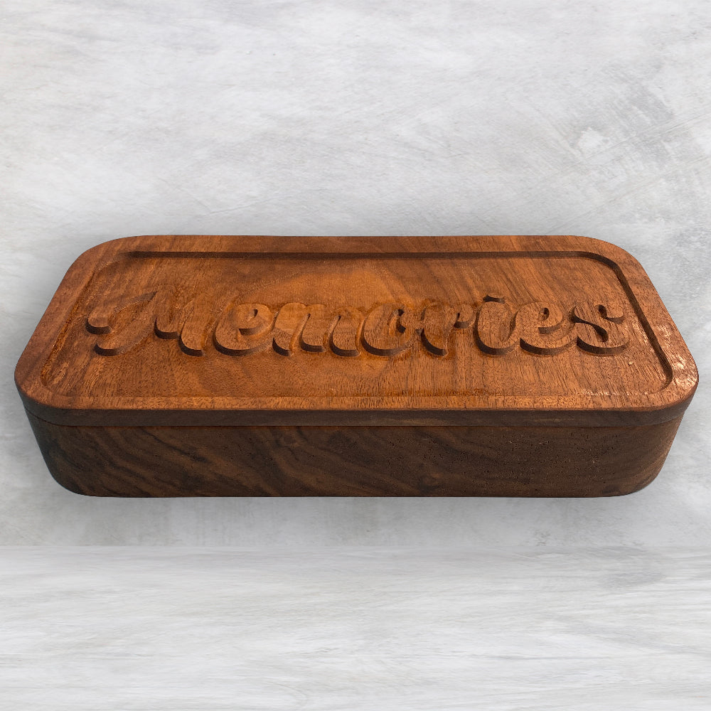 Medium Wood Box with "Memories" Carved Lid - Precision Carved Solid Cherry Wood Box - Made in USA