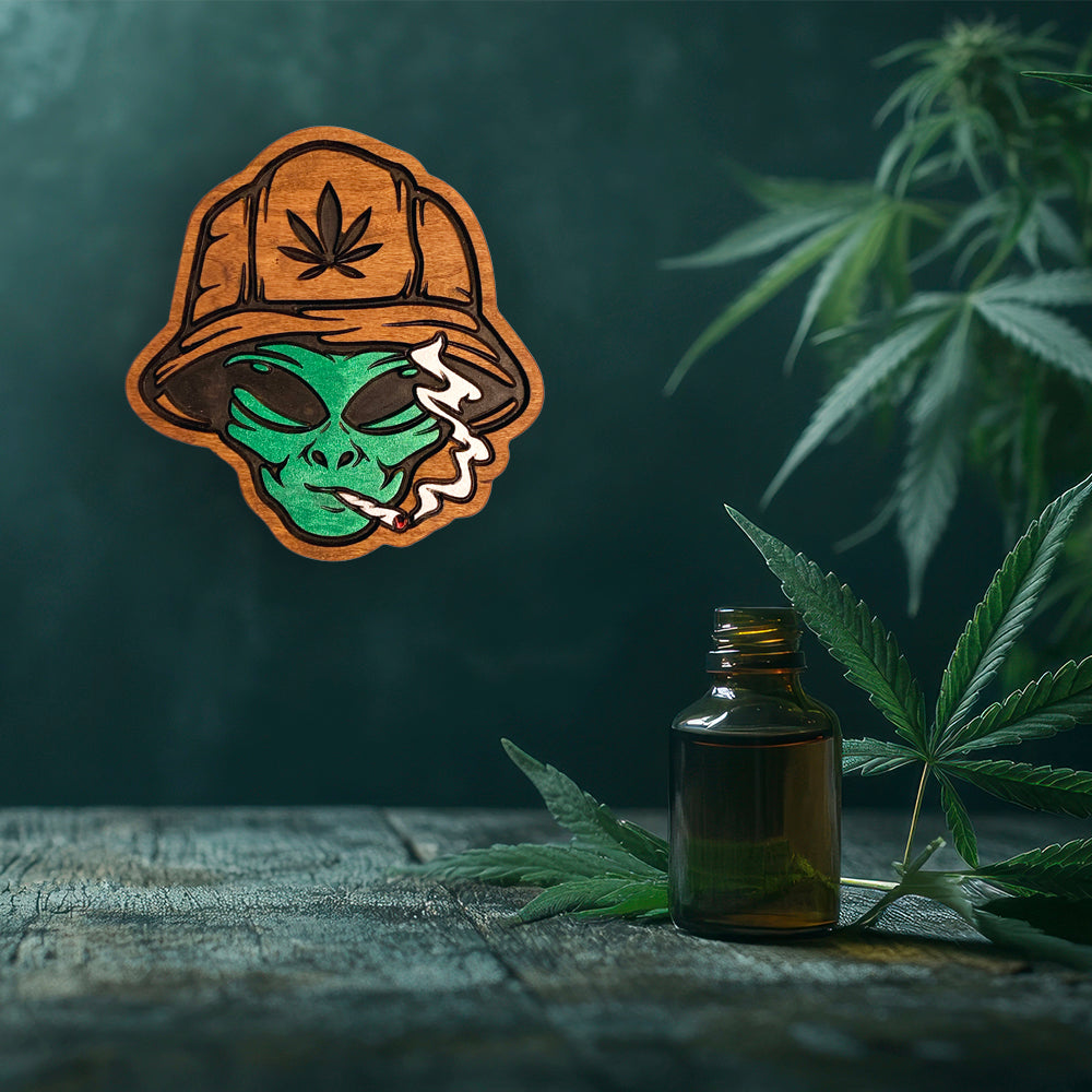 420 Smoking Beach Alien - Precision Carved Solid Cherry Canna 420 Art - Made in USA