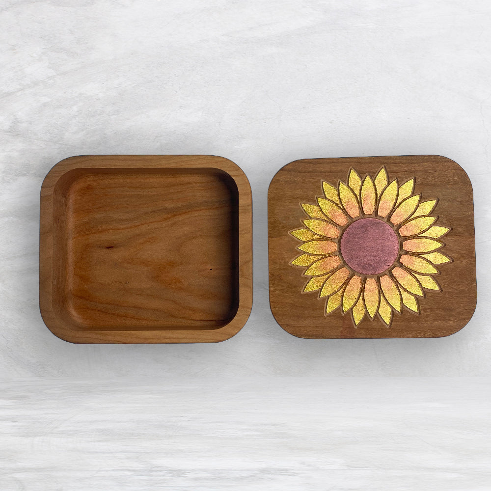 Solid Cherry Wood Box with Lid - Natural Stain & Hand Painted - Sunflower - Made in USA