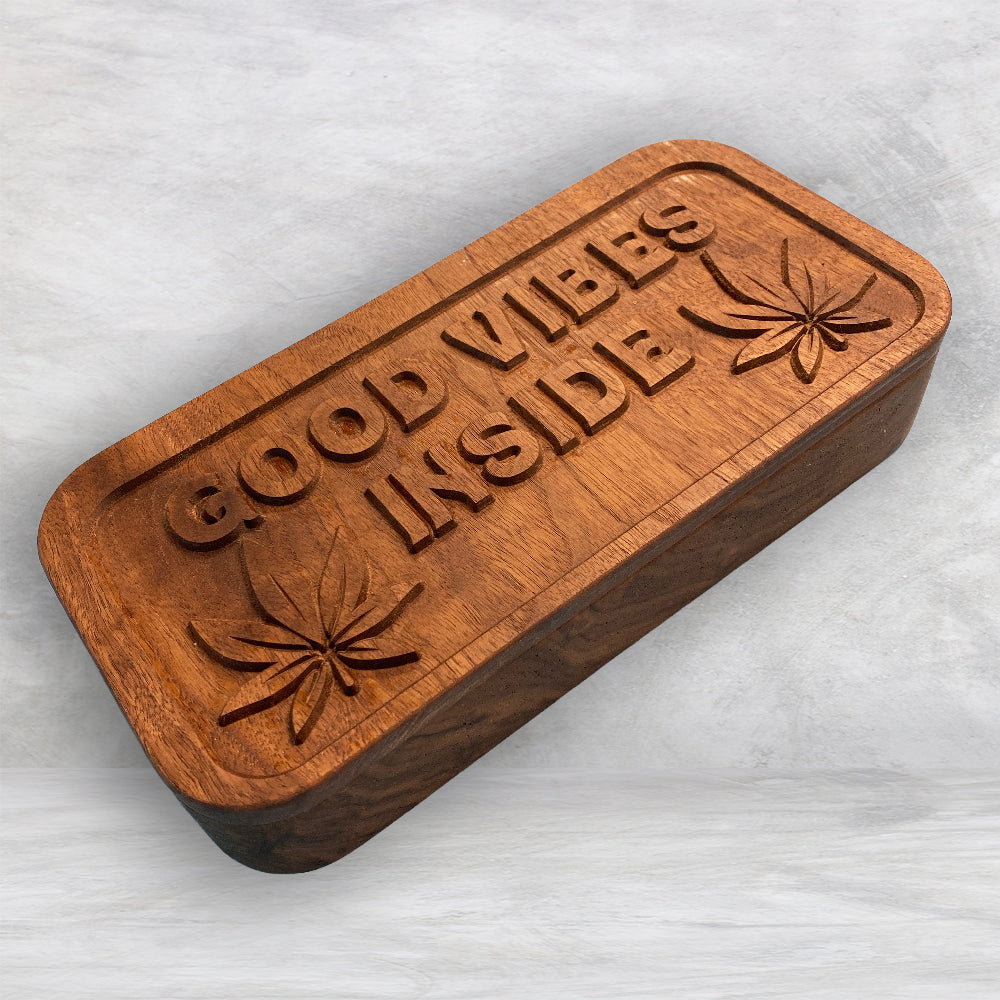 Medium Wood Box with "Good Vibes Inside" Carved Lid - Precision Carved Solid Cherry Wood Box - Made in USA