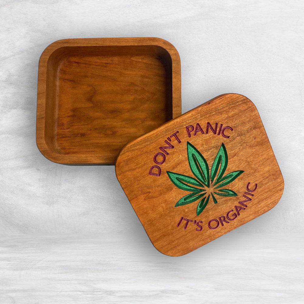 Solid Cherry Wood Box with Lid - Natural Stain & Hand Painted - Don't Panic It's Organic - Made in USA