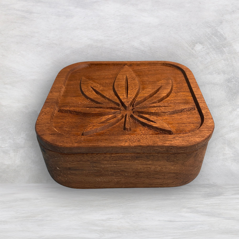 Small Wood Box with Pot Leaf Carved Lid - Precision Carved Solid Cherry Wood Box - Made in USA