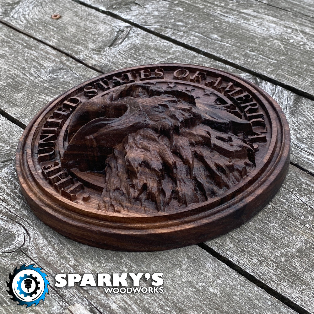 3D Carved Wood Eagle Over USA Flag - Size Small
