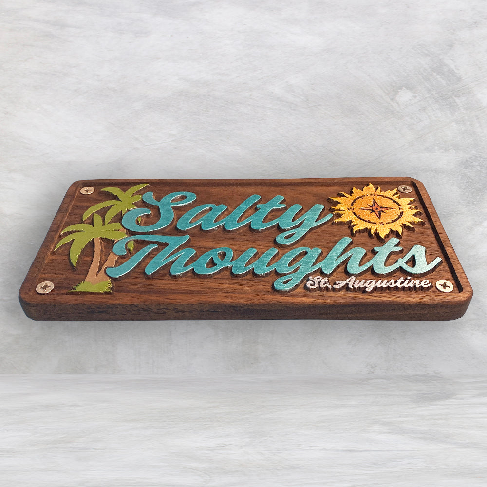 Salty Thoughts - Personalized Precision Carved Solid Cherry Novelty License Plate - Made in USA