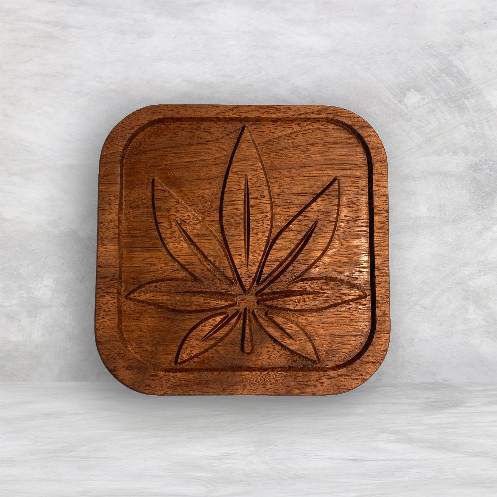 Small Wood Box with Pot Leaf Carved Lid - Precision Carved Solid Cherry Wood Box - Made in USA
